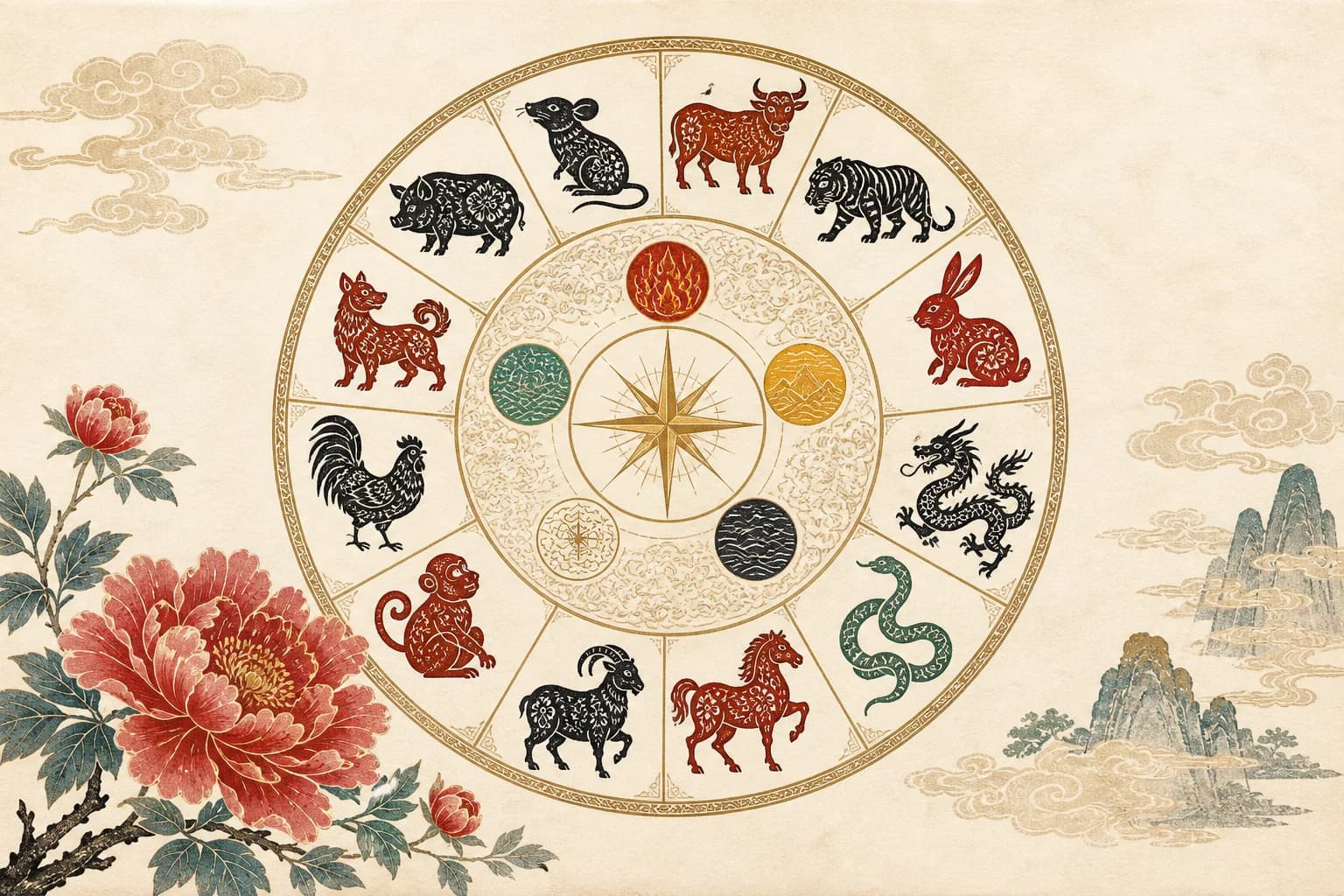 A woodblock-style Chinese zodiac wheel with all twelve animal signs